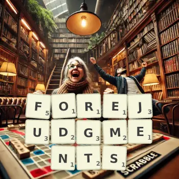 Creative illustration for a Scrabble game with the word FOREJUDGMENTS spelled out in tiles on the board.