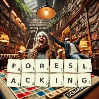 Creative illustration for a Scrabble game with the word FORESLACKING spelled out in tiles on the board.