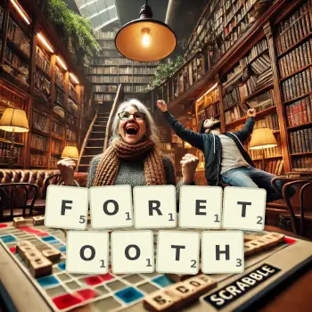 Creative illustration for a Scrabble game with the word FORETOOTH spelled out in tiles on the board.
