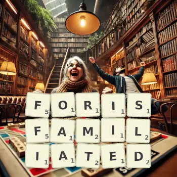 Creative illustration for a Scrabble game with the word FORISFAMILIATED spelled out in tiles on the board.