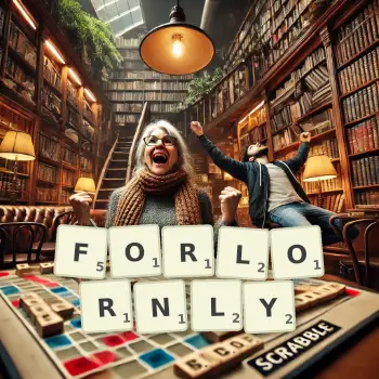 Creative illustration for a Scrabble game with the word FORLORNLY spelled out in tiles on the board.