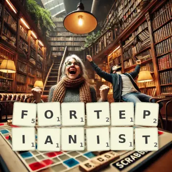 Creative illustration for a Scrabble game with the word FORTEPIANIST spelled out in tiles on the board.