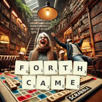 Creative illustration for a Scrabble game with the word FORTHCAME spelled out in tiles on the board.