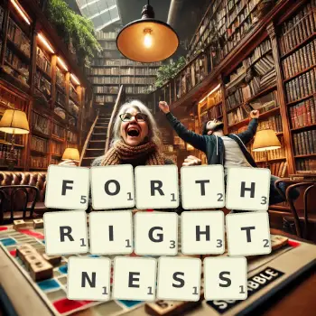 Creative illustration for a Scrabble game with the word FORTHRIGHTNESS spelled out in tiles on the board.
