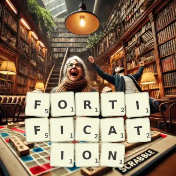 Creative illustration for a Scrabble game with the word FORTIFICATION spelled out in tiles on the board.
