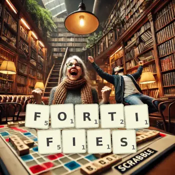 Creative illustration for a Scrabble game with the word FORTIFIES spelled out in tiles on the board.