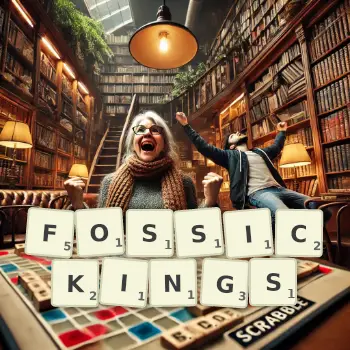 Creative illustration for a Scrabble game with the word FOSSICKINGS spelled out in tiles on the board.
