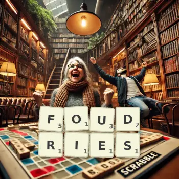Creative illustration for a Scrabble game with the word FOUDRIES spelled out in tiles on the board.