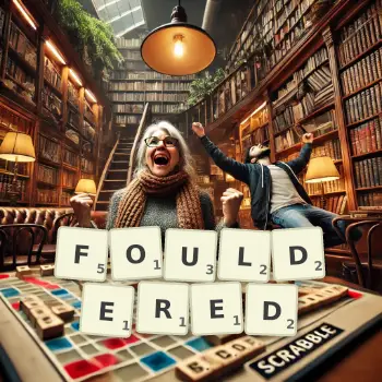 Creative illustration for a Scrabble game with the word FOULDERED spelled out in tiles on the board.