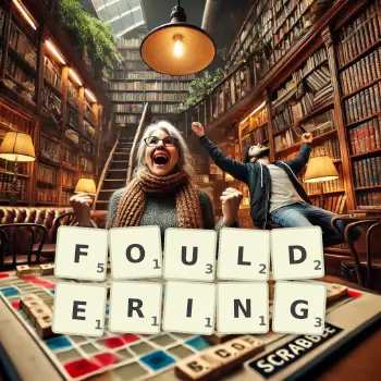 Creative illustration for a Scrabble game with the word FOULDERING spelled out in tiles on the board.
