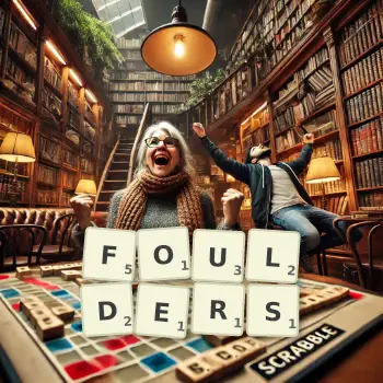 Creative illustration for a Scrabble game with the word FOULDERS spelled out in tiles on the board.