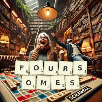 Creative illustration for a Scrabble game with the word FOURSOMES spelled out in tiles on the board.