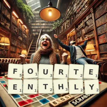 Creative illustration for a Scrabble game with the word FOURTEENTHLY spelled out in tiles on the board.