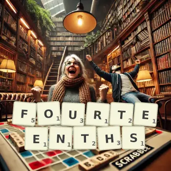 Creative illustration for a Scrabble game with the word FOURTEENTHS spelled out in tiles on the board.
