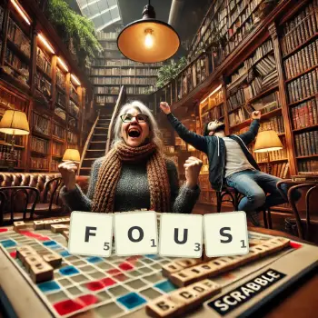Creative illustration for a Scrabble game with the word FOUS spelled out in tiles on the board.