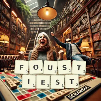 Creative illustration for a Scrabble game with the word FOUSTIEST spelled out in tiles on the board.