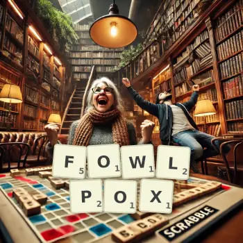 Creative illustration for a Scrabble game with the word FOWLPOX spelled out in tiles on the board.