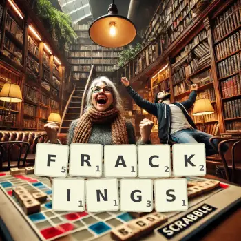 Creative illustration for a Scrabble game with the word FRACKINGS spelled out in tiles on the board.