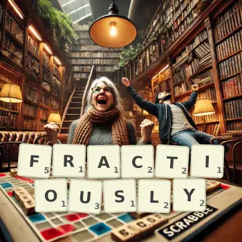 Creative illustration for a Scrabble game with the word FRACTIOUSLY spelled out in tiles on the board.