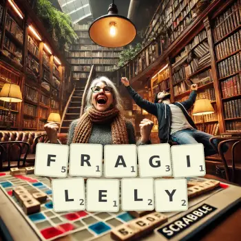 Creative illustration for a Scrabble game with the word FRAGILELY spelled out in tiles on the board.