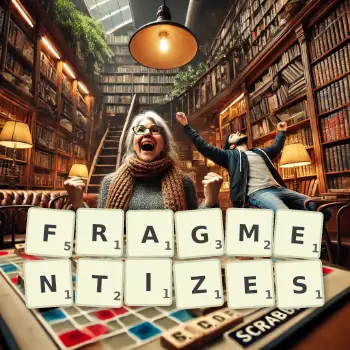 Creative illustration for a Scrabble game with the word FRAGMENTIZES spelled out in tiles on the board.