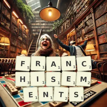 Creative illustration for a Scrabble game with the word FRANCHISEMENTS spelled out in tiles on the board.