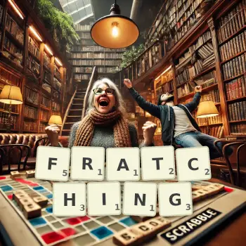 Creative illustration for a Scrabble game with the word FRATCHING spelled out in tiles on the board.