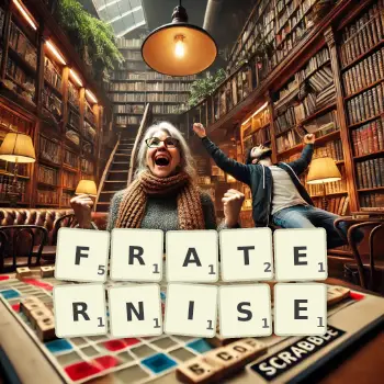 Creative illustration for a Scrabble game with the word FRATERNISE spelled out in tiles on the board.