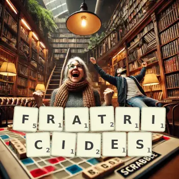 Creative illustration for a Scrabble game with the word FRATRICIDES spelled out in tiles on the board.