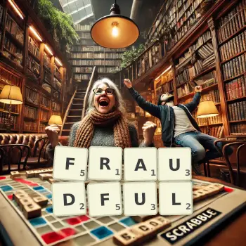 Creative illustration for a Scrabble game with the word FRAUDFUL spelled out in tiles on the board.