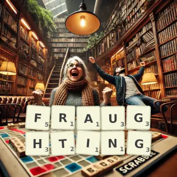Creative illustration for a Scrabble game with the word FRAUGHTING spelled out in tiles on the board.