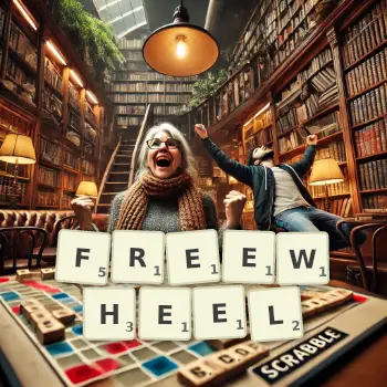 Creative illustration for a Scrabble game with the word FREEWHEEL spelled out in tiles on the board.