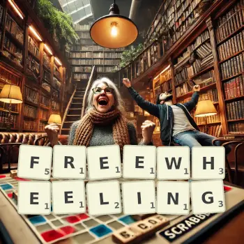 Creative illustration for a Scrabble game with the word FREEWHEELING spelled out in tiles on the board.