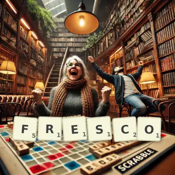 Creative illustration for a Scrabble game with the word FRESCO spelled out in tiles on the board.
