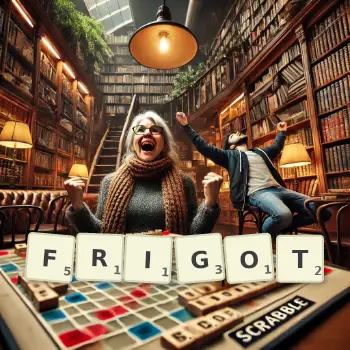 Creative illustration for a Scrabble game with the word FRIGOT spelled out in tiles on the board.