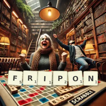 Creative illustration for a Scrabble game with the word FRIPON spelled out in tiles on the board.
