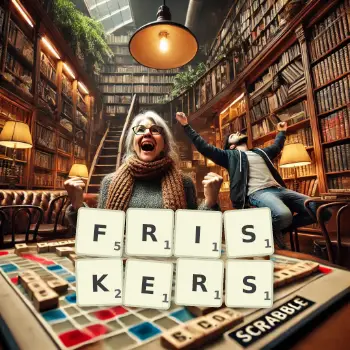 Creative illustration for a Scrabble game with the word FRISKERS spelled out in tiles on the board.