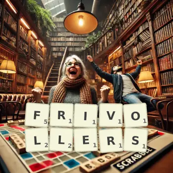 Creative illustration for a Scrabble game with the word FRIVOLLERS spelled out in tiles on the board.