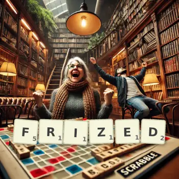 Creative illustration for a Scrabble game with the word FRIZED spelled out in tiles on the board.