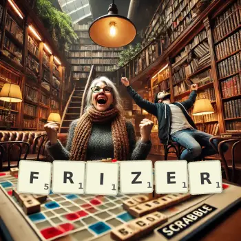 Creative illustration for a Scrabble game with the word FRIZER spelled out in tiles on the board.