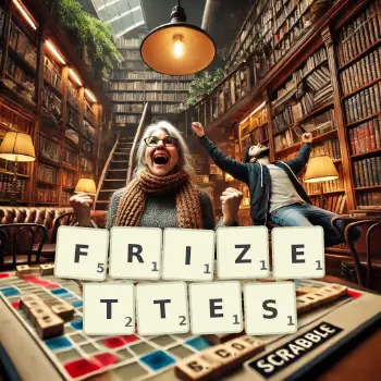 Creative illustration for a Scrabble game with the word FRIZETTES spelled out in tiles on the board.