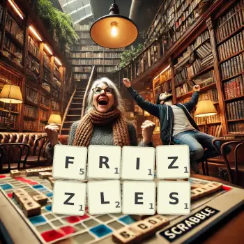 Creative illustration for a Scrabble game with the word FRIZZLES spelled out in tiles on the board.