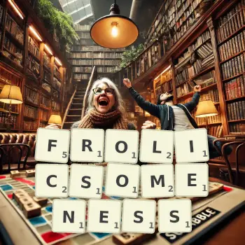 Creative illustration for a Scrabble game with the word FROLICSOMENESS spelled out in tiles on the board.