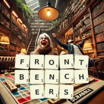 Creative illustration for a Scrabble game with the word FRONTBENCHERS spelled out in tiles on the board.