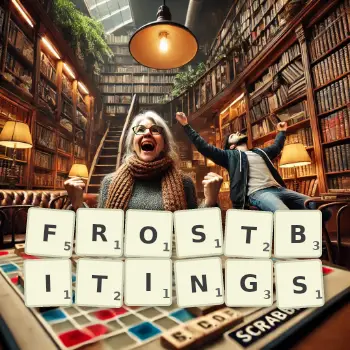 Creative illustration for a Scrabble game with the word FROSTBITINGS spelled out in tiles on the board.