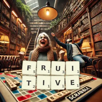Creative illustration for a Scrabble game with the word FRUITIVE spelled out in tiles on the board.