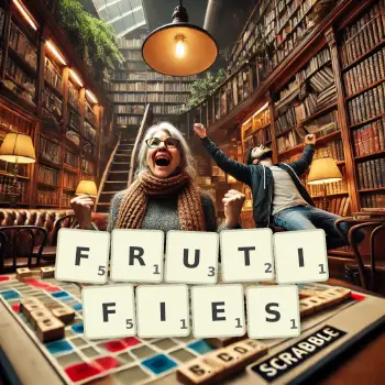 Creative illustration for a Scrabble game with the word FRUTIFIES spelled out in tiles on the board.