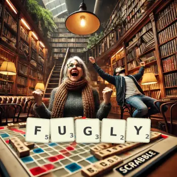 Creative illustration for a Scrabble game with the word FUGLY spelled out in tiles on the board.