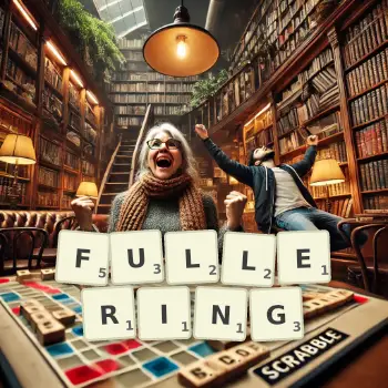 Creative illustration for a Scrabble game with the word FULLERING spelled out in tiles on the board.