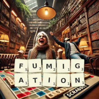Creative illustration for a Scrabble game with the word FUMIGATION spelled out in tiles on the board.